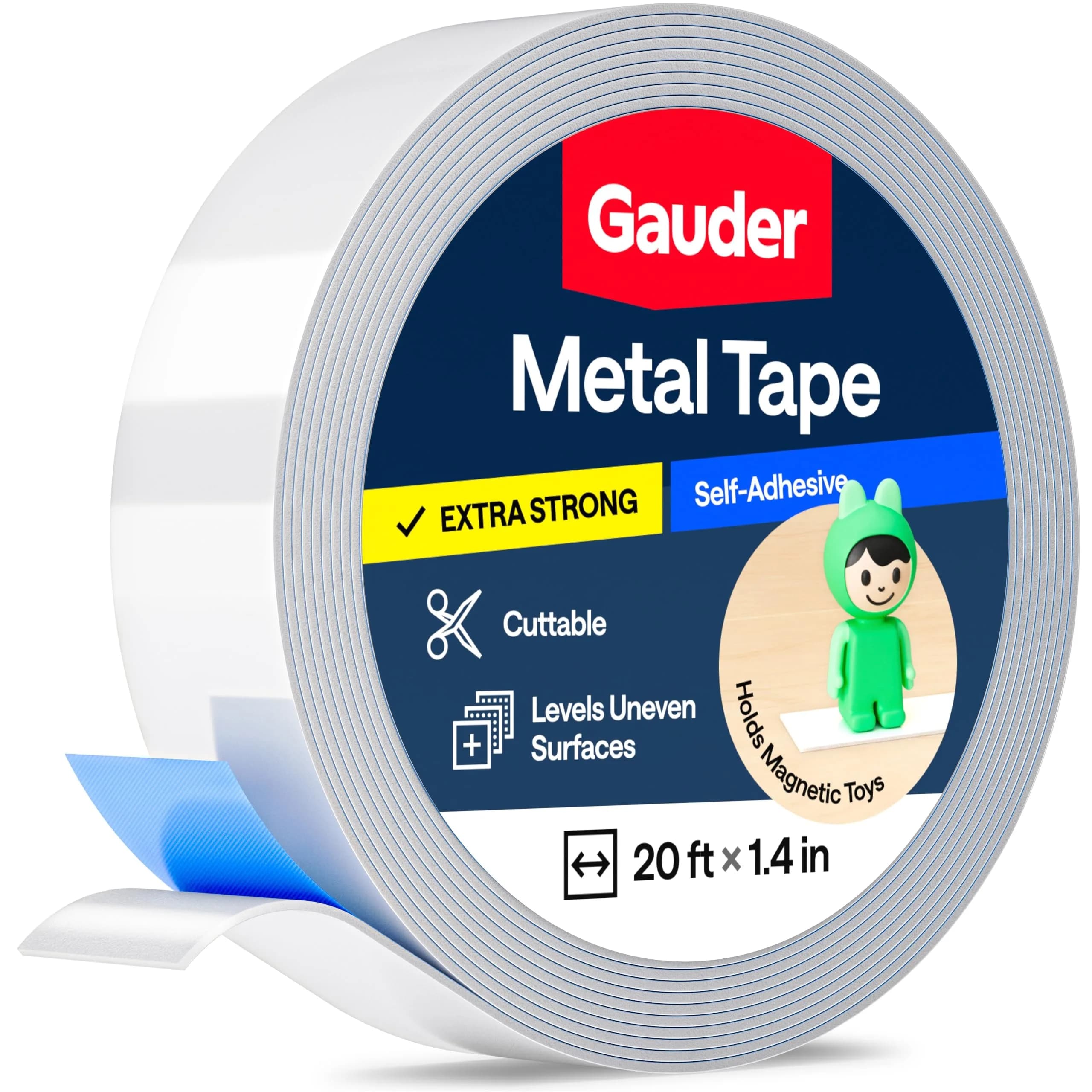 GAUDER Self-Adhesive Metal Tape 609.6 cm (20 ft) x 3.56 cm (1.4 in) | Holds Magnets & Tonie Figures on Walls