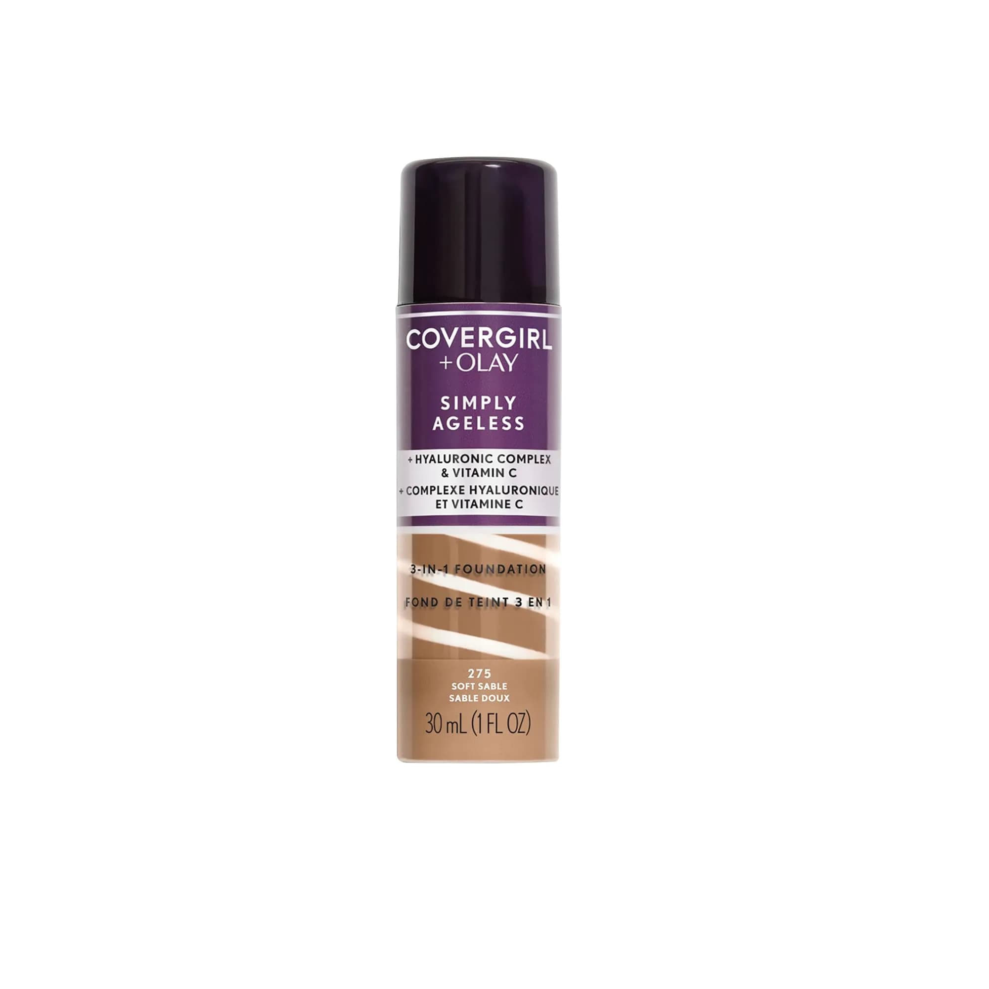COVERGIRL Simply Ageless 3-in-1 Foundation - 275 Soft Sable | Anti-Aging Liquid Foundation with Hyaluronic Complex & Vitamin C