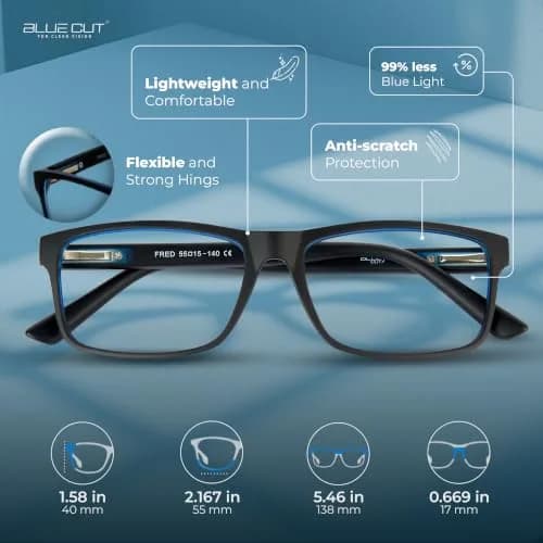 BLUE CUT Blue Light Blocking Glasses for Men & Women, Clear Square Frame 55mm Lens | Reduce Eye Strain thumbnail 3