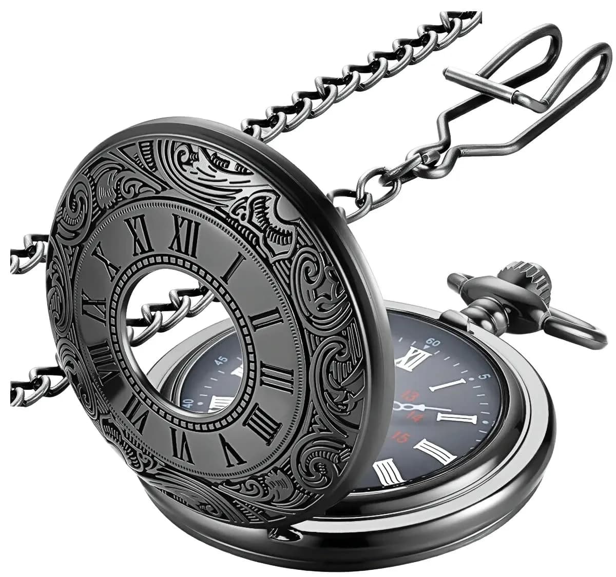 LYMFHCH Vintage Pocket Watch with Chain, Roman Numerals Scale Quartz Pocket Watch 46mm (1.8") | Classic Engraved Design for Gifting