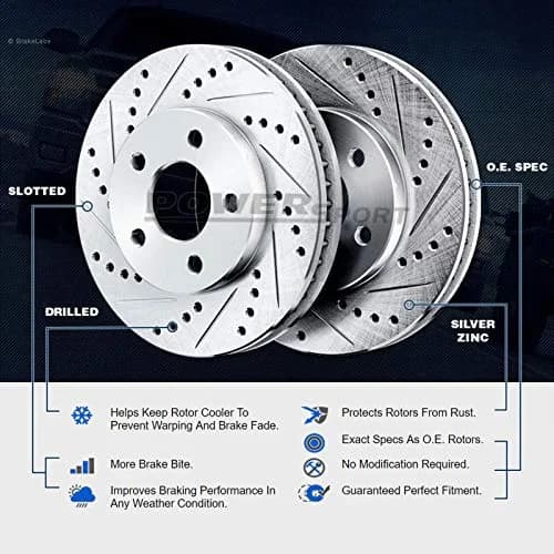 Power Sport Rear Brake Kit for Cadillac SRX & Saab 9-4X | Drilled Slotted Rotors & Ceramic Pads thumbnail 4
