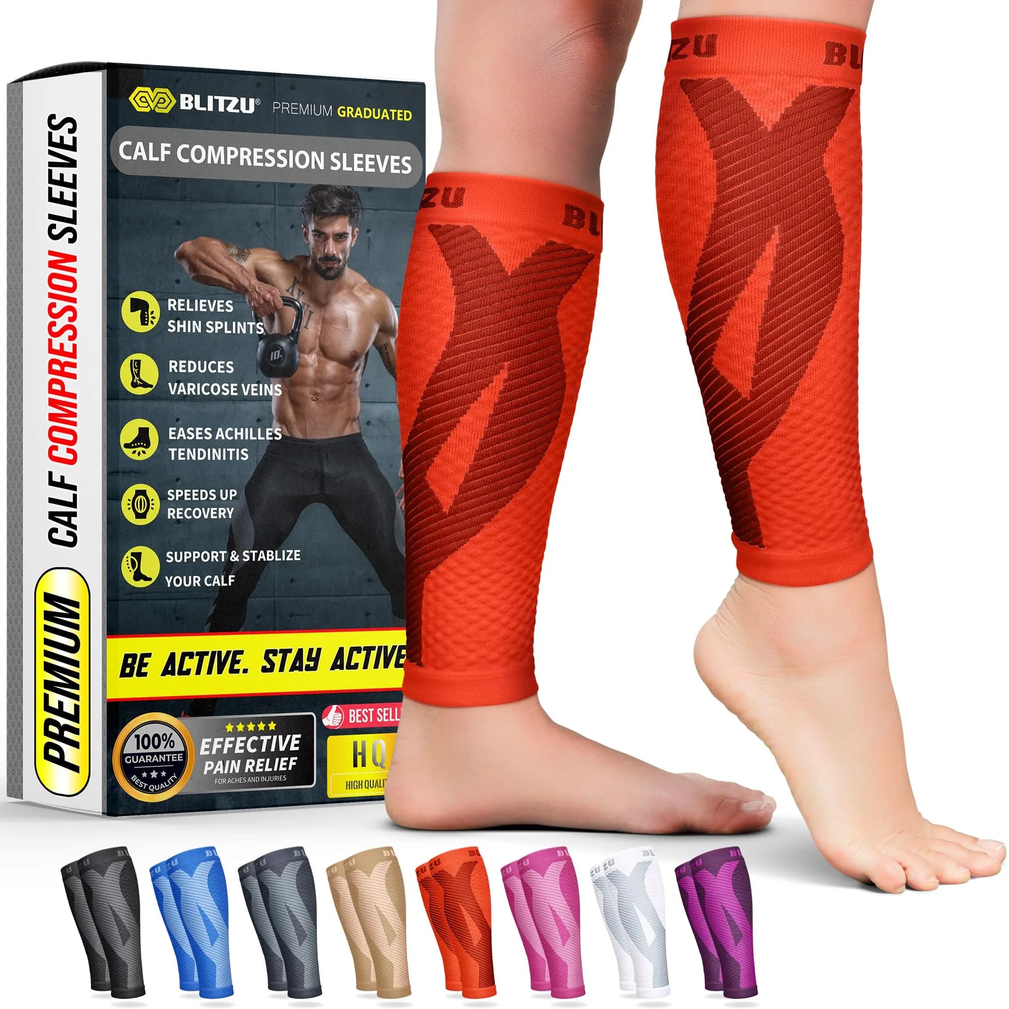 BLITZU Calf Compression Sleeves Tangerine Small/Medium | Orthopedic Brace for Shin Splints & Varicose Veins