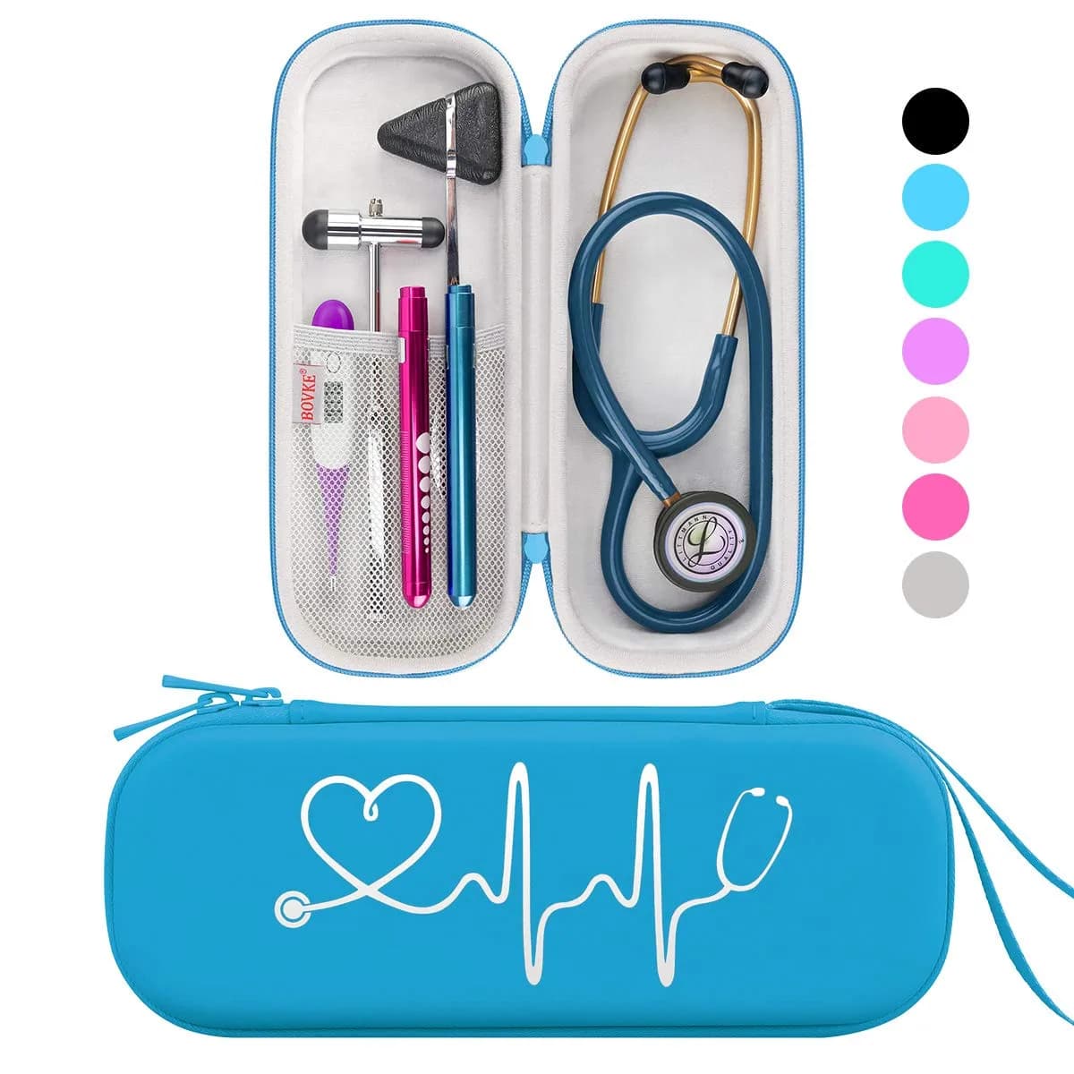 BOVKE Travel Carrying Case Compatible with 3M Littmann Classic III, Lightweight II S.E, MDF Acoustica Deluxe Stethoscope, Pearl Pink — Pu Leather_Turquoise