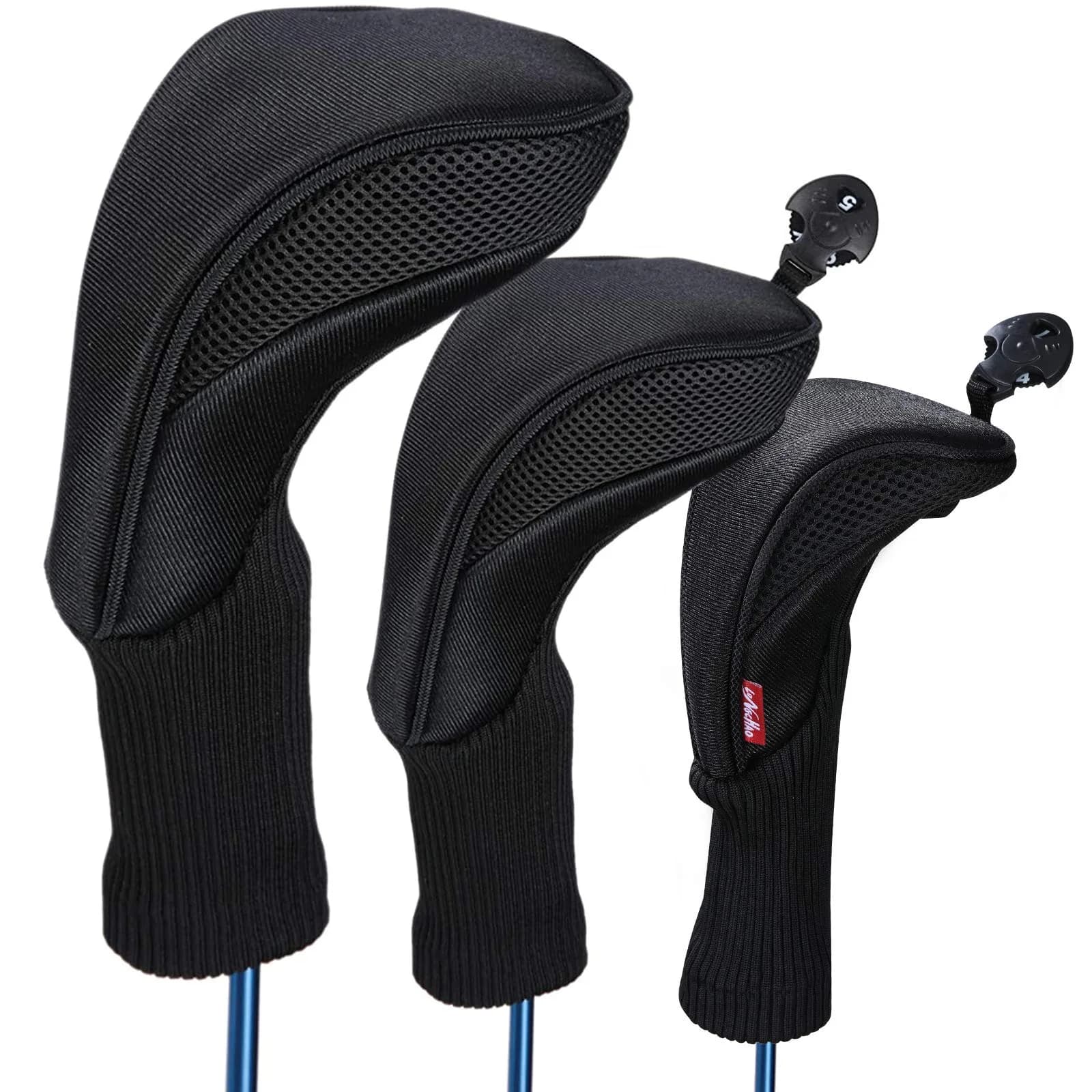 LONGCHAO Golf Club Head Cover Set for Driver & Woods | Thick 1680D Material, Interchangeable Tags, Black (3 pcs) - main product image