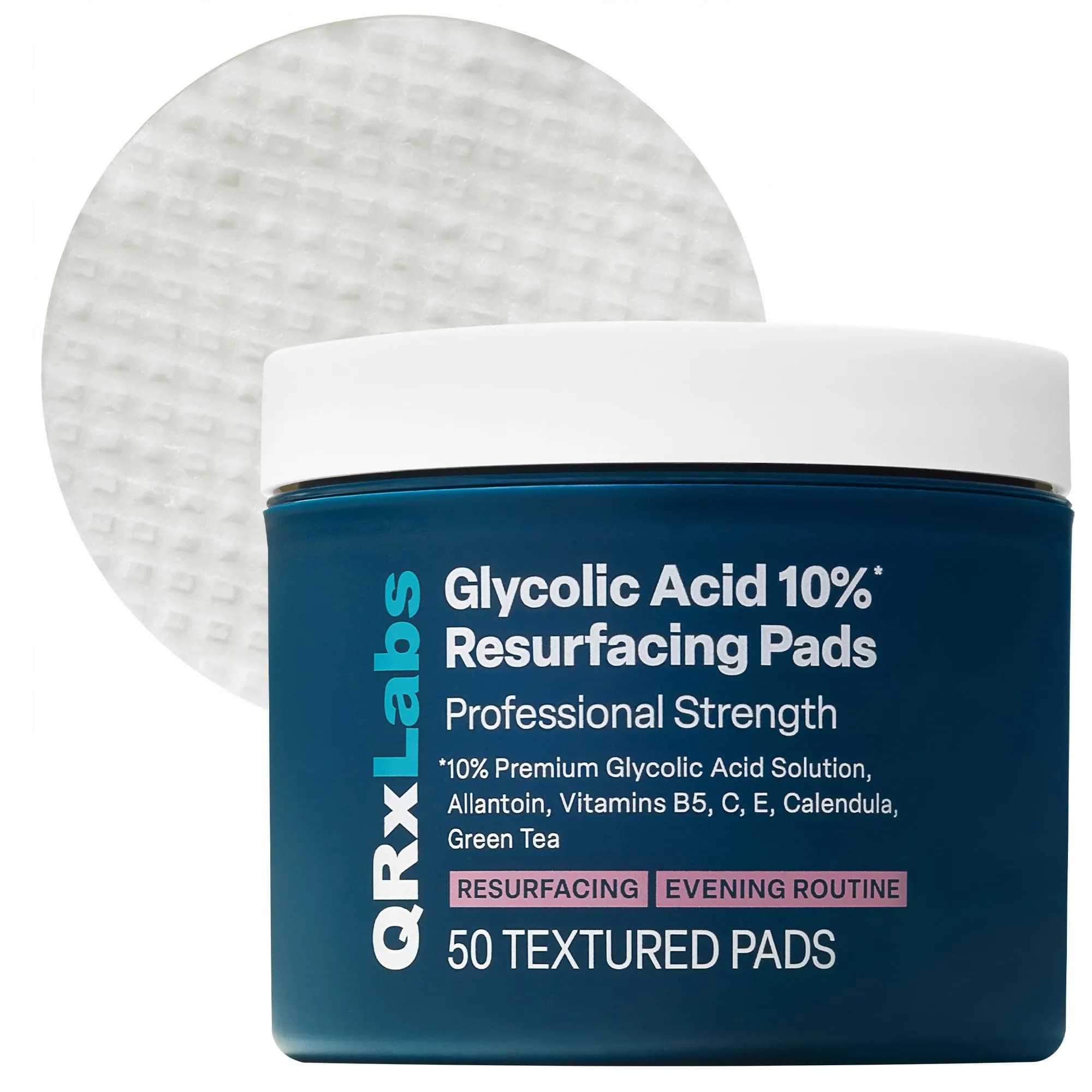 QRxLabs 10% Glycolic Acid Exfoliating Pads, Face + Body, 50ct | Resurfaces Skin for Smoother Texture & Brighter Tone
