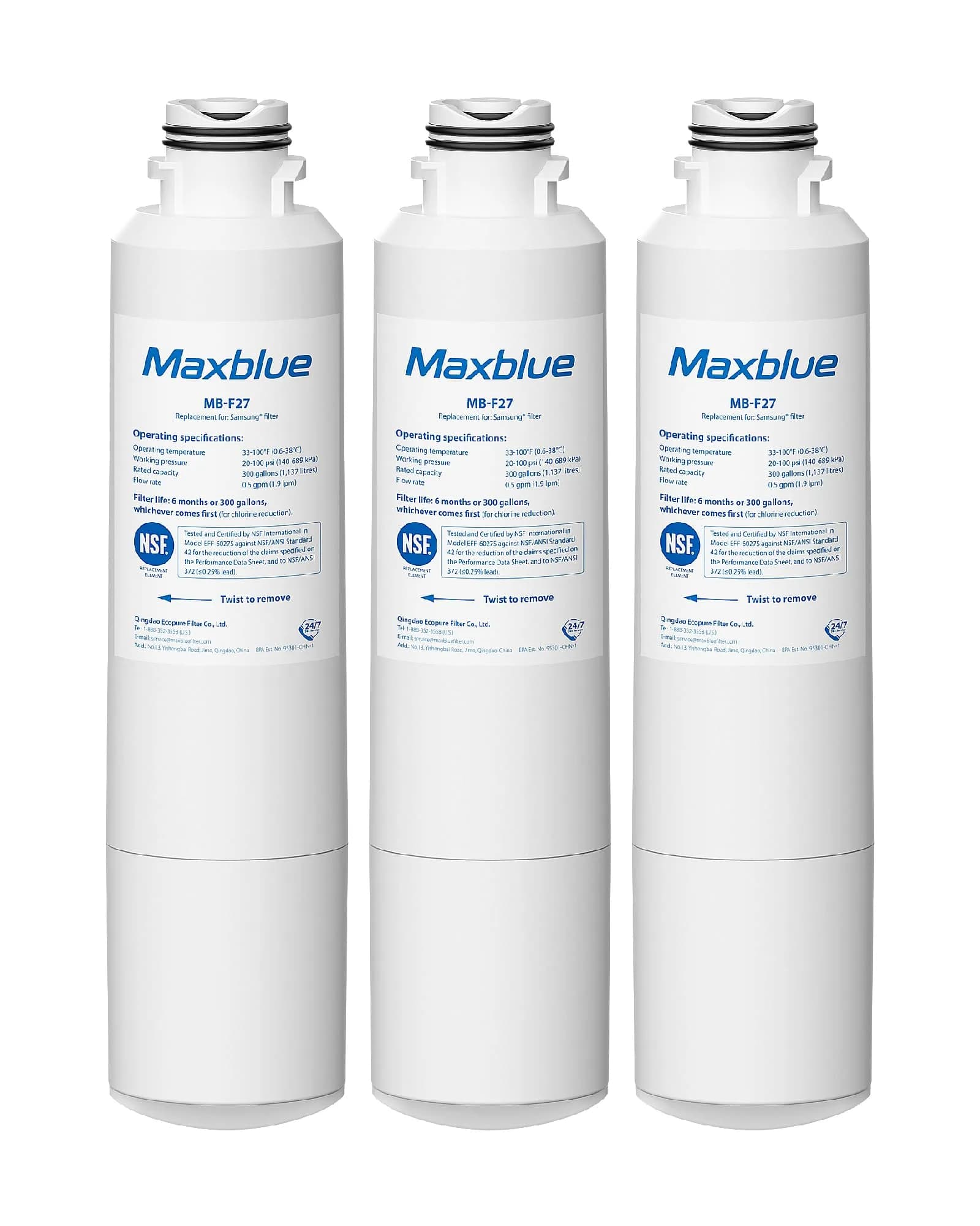 Maxblue MB-F27 Replacement for Samsung DA29-00020B Water Filter 3 Pack | NSF Certified, Lead-Free, Pure Water - main product image