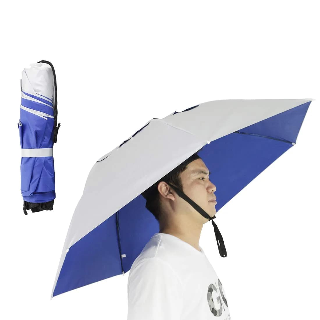 NEW-Vi 95 cm (37.4") Double Layer Folding Compact UV Wind Protection Umbrella Hat | Hands-Free for Fishing & Gardening — Sliver/Blue (Wind Vent) 2PC