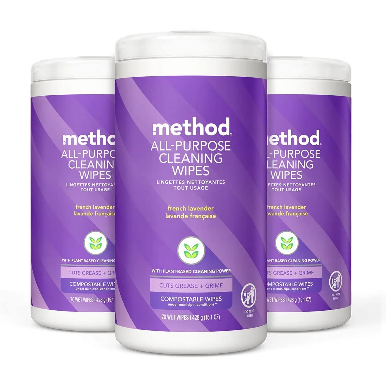 Method All-Purpose Cleaning Wipes, French Lavender, 70 Count | Compostable, Plant-Based, 3 Pack - main product image
