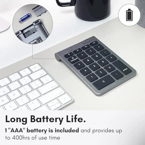 Macally BTNUMKEY22 Bluetooth Number Pad for Laptop - Wireless Numeric Keypad with Arrow Keys & Function Keys - Space Grey (13.2cm x 9cm x 1.7cm) thumbnail 6