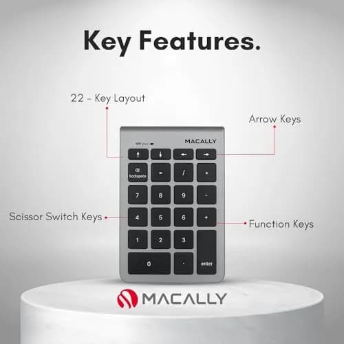 Macally BTNUMKEY22 Bluetooth Number Pad for Laptop - Wireless Numeric Keypad with Arrow Keys & Function Keys - Space Grey (13.2cm x 9cm x 1.7cm) thumbnail 3