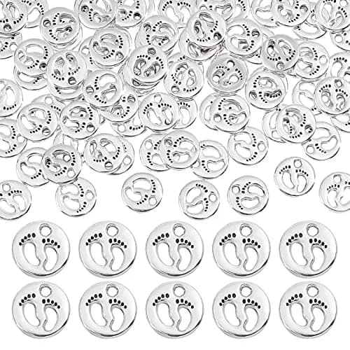 PH PandaHall 80pcs Footprint Charms Tibetan Style Silver Diameter 11mm | Baby First Step Pendant thumbnail 1