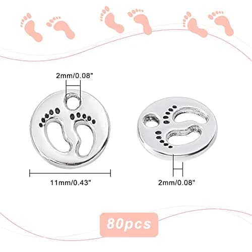 PH PandaHall 80pcs Footprint Charms Tibetan Style Silver Diameter 11mm | Baby First Step Pendant thumbnail 3