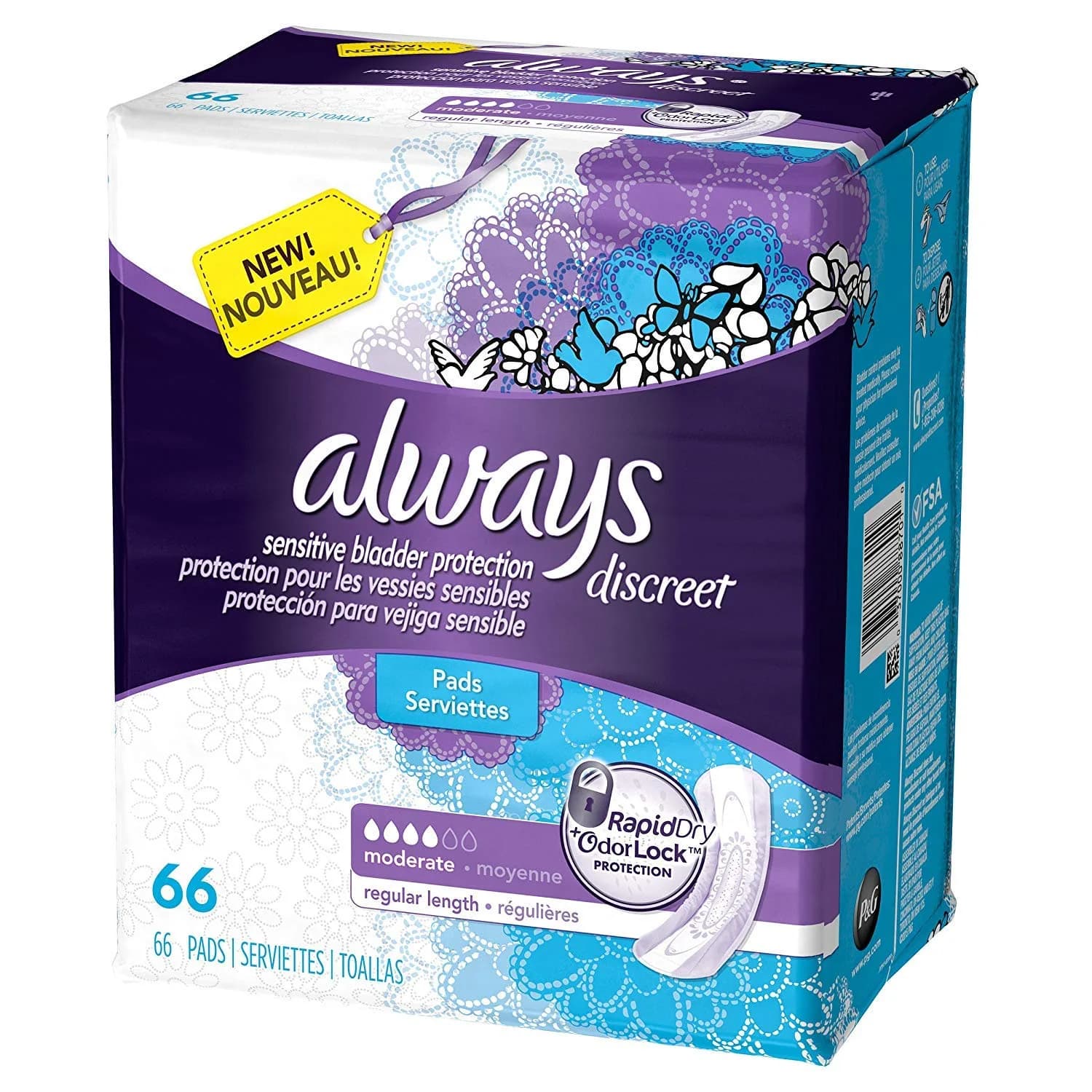 Always Discreet Incontinence Pads Moderate Regular Length 132 Count | USA Imported, Duties Included