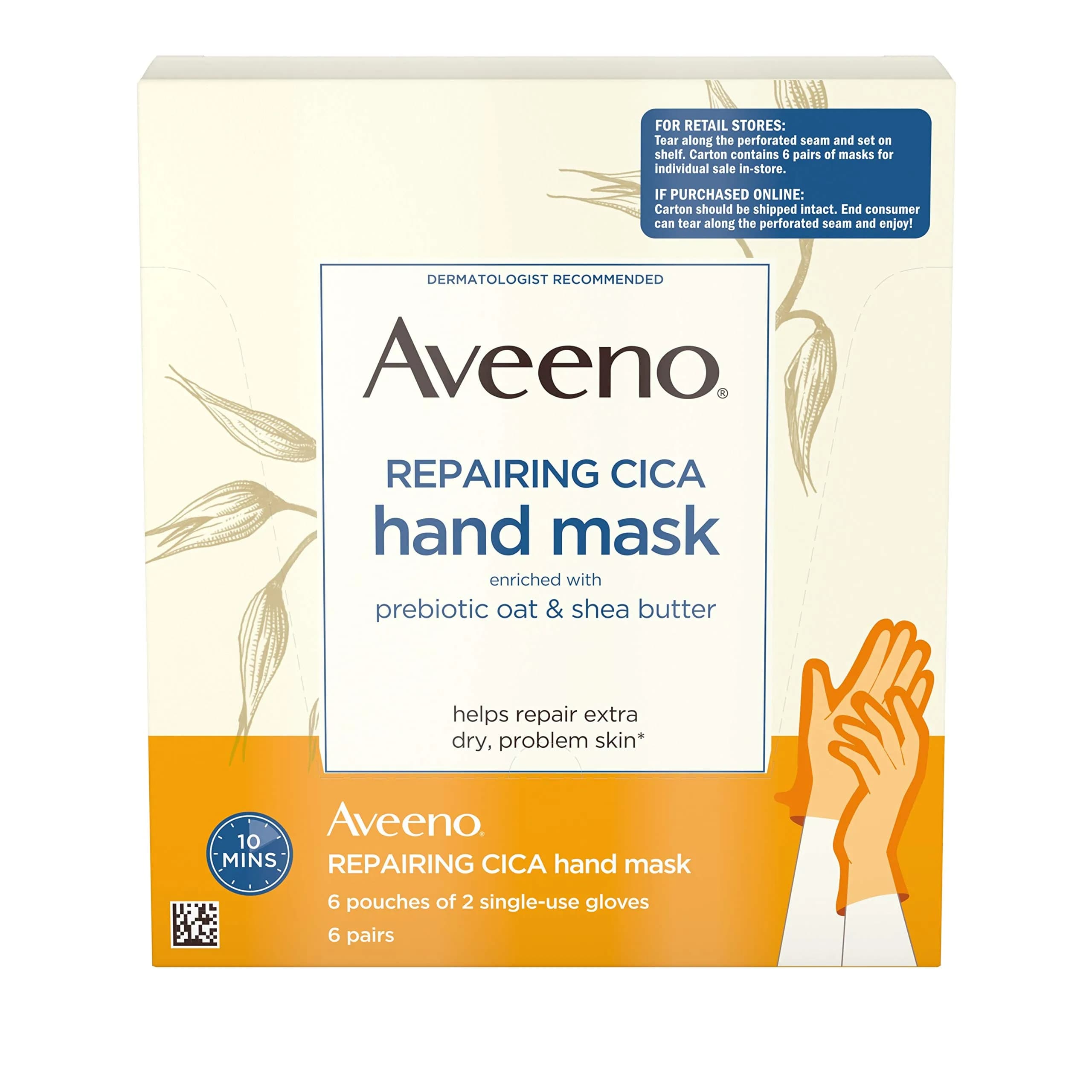 Aveeno Repairing Cica Hand Mask With Prebiotic Oat and Shea Butter, 6 Count | Restores Moisture to Extra Dry Skin - main product image