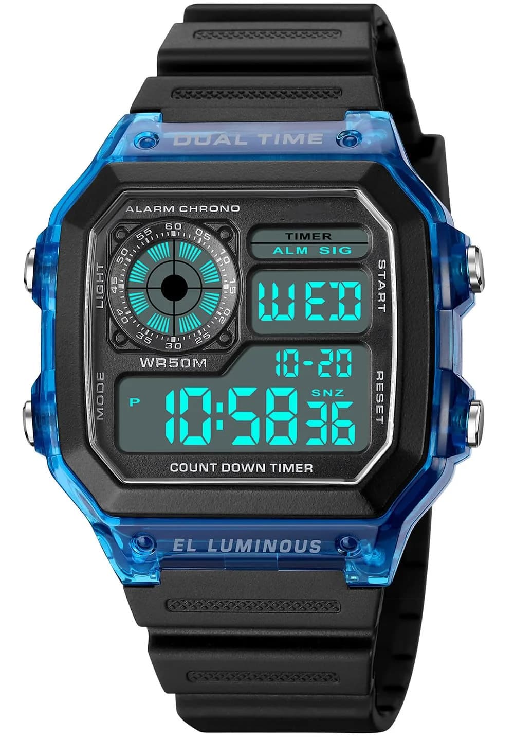 PASOY Men's Digital Sport Watch 43mm (1.7 inch) Dual Time Stopwatch Countdown | 50M Water Resistant Sport Watch — Dark blue