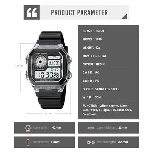 PASOY Men's Digital Sport Watch Waterproof Dual Time Stopwatch Countdown | Water-Resistant 50M, Lightweight & Durable thumbnail 8