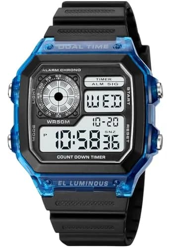 PASOY Men's Digital Sport Watch Waterproof Dual Time Stopwatch Countdown | Water-Resistant 50M, Lightweight & Durable thumbnail 2