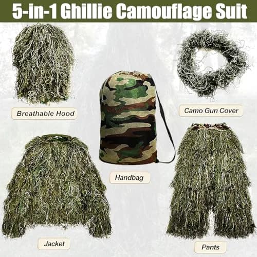 MOPHOTO 5 in 1 Ghillie Suit 3D Camouflage Hunting Suit - Jacket, Pants, Hood, Carry Bag, Youth & Adults thumbnail 7