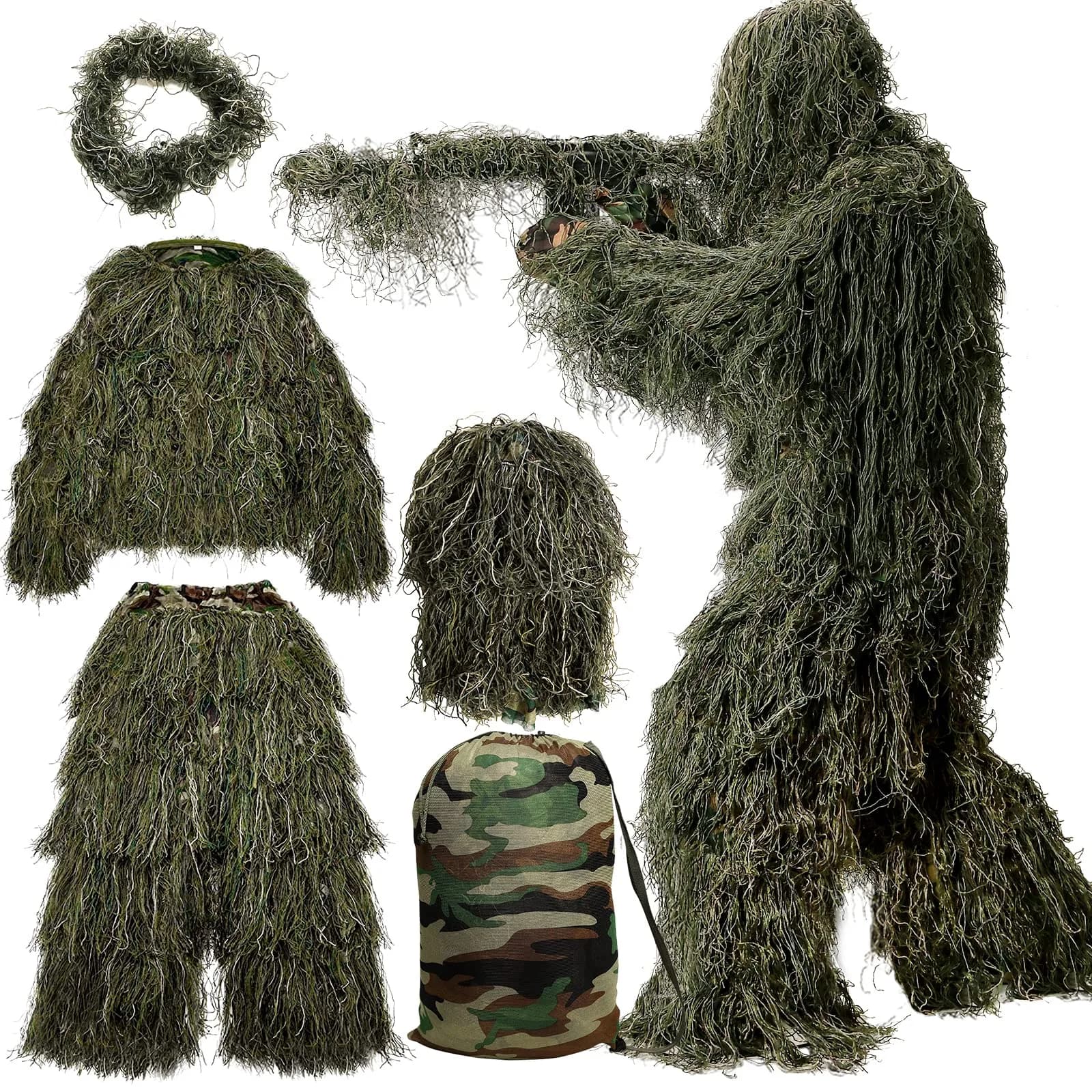 MOPHOTO 5 in 1 Ghillie Suit 3D Camouflage Hunting Suit - Jacket, Pants, Hood, Carry Bag, Youth & Adults - main product image