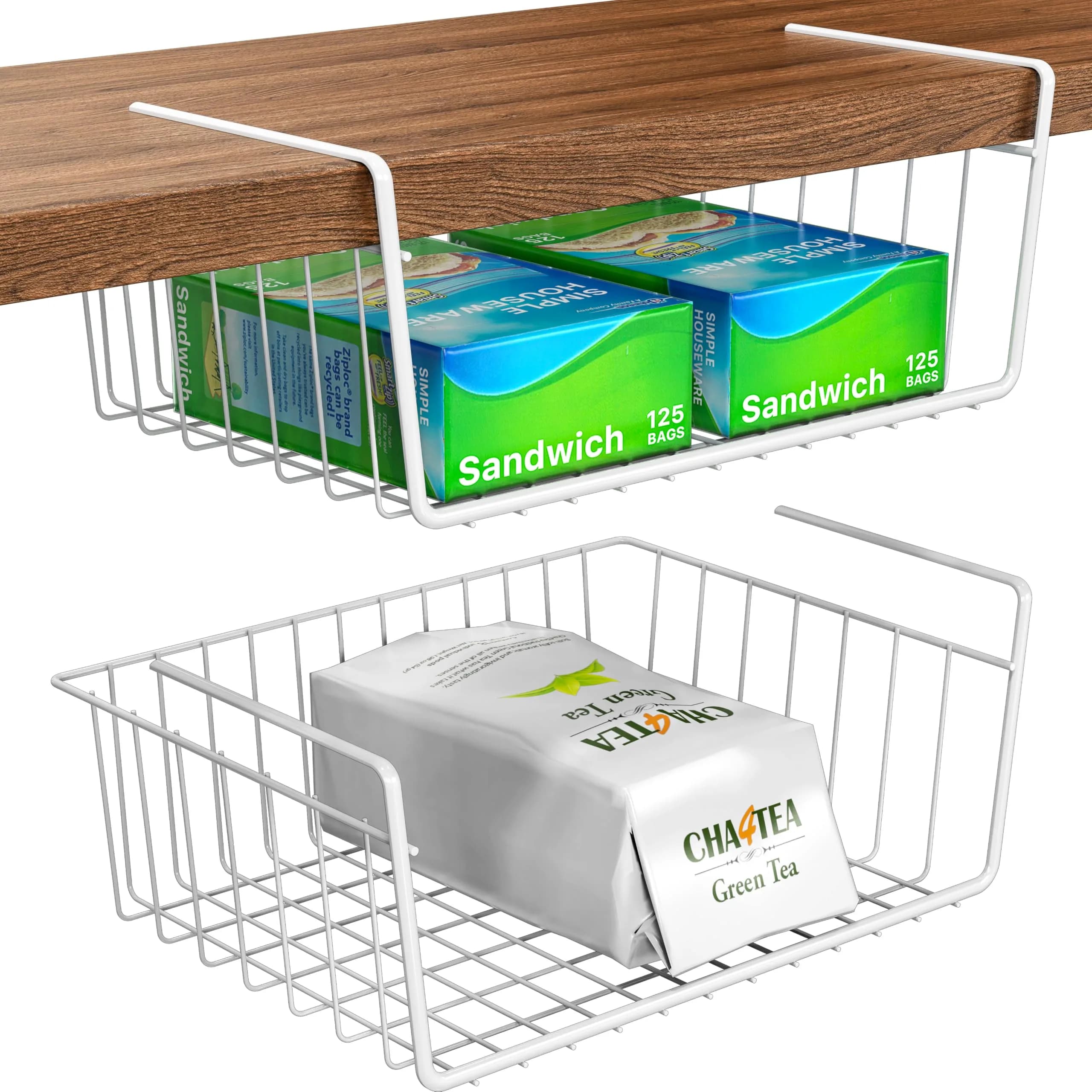 Simple Houseware 2-Pack Under Shelf Wire Metal Basket Shelf, White | Space-Saving Kitchen Organizer - main product image
