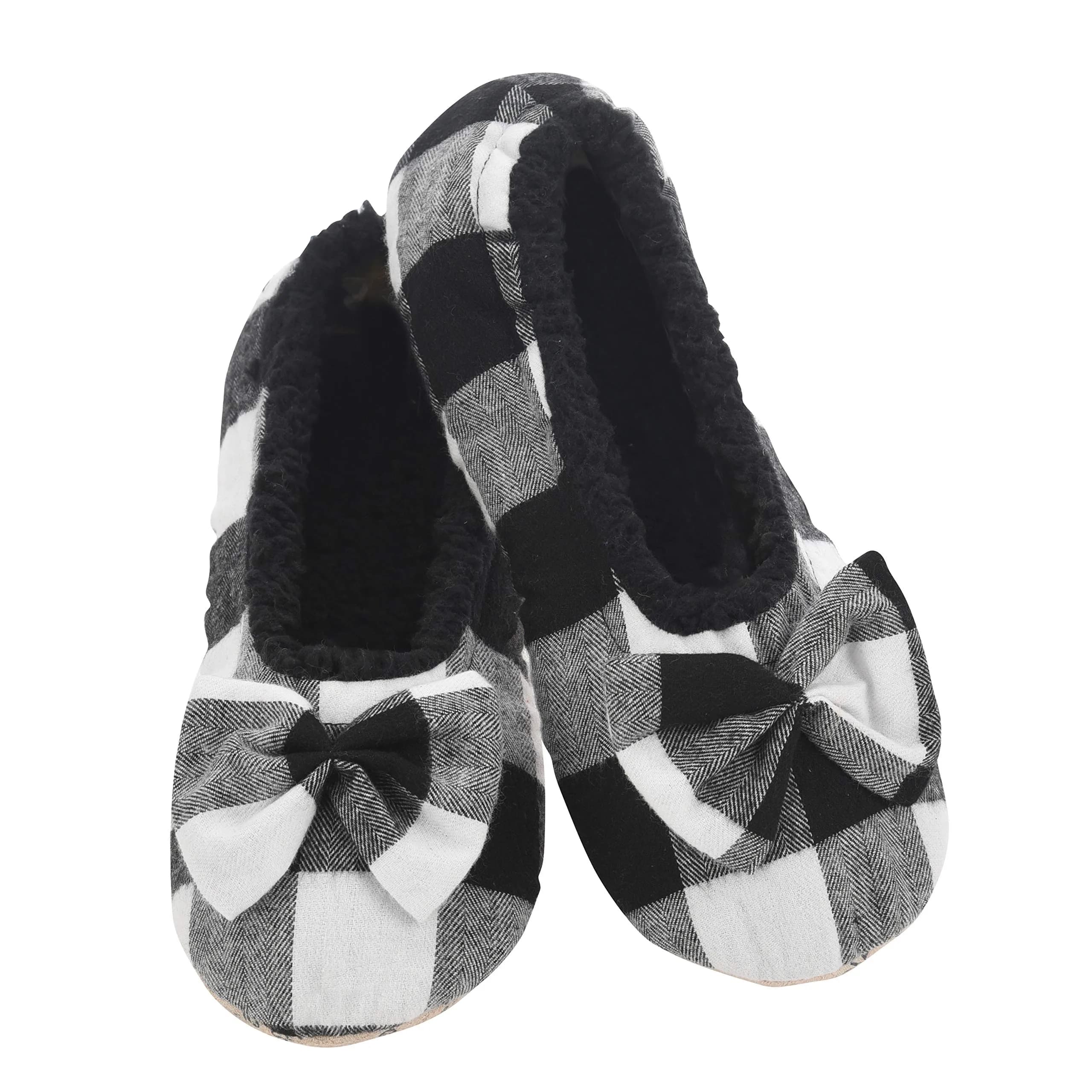 Snoozies Buffalo Plaid Ballerina Slippers for Women (Black, XL) | Cozy, Non-Skid, Machine Washable