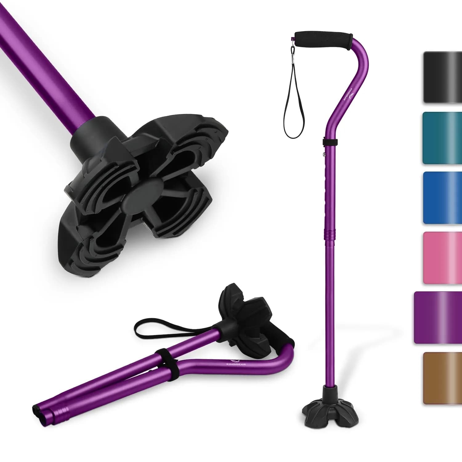 KINGGEAR Folding Walking Cane with Offset Handle & Quad Base, 31-36 inch Adjustable Height | Self-Standing Mobility Aid — Purple