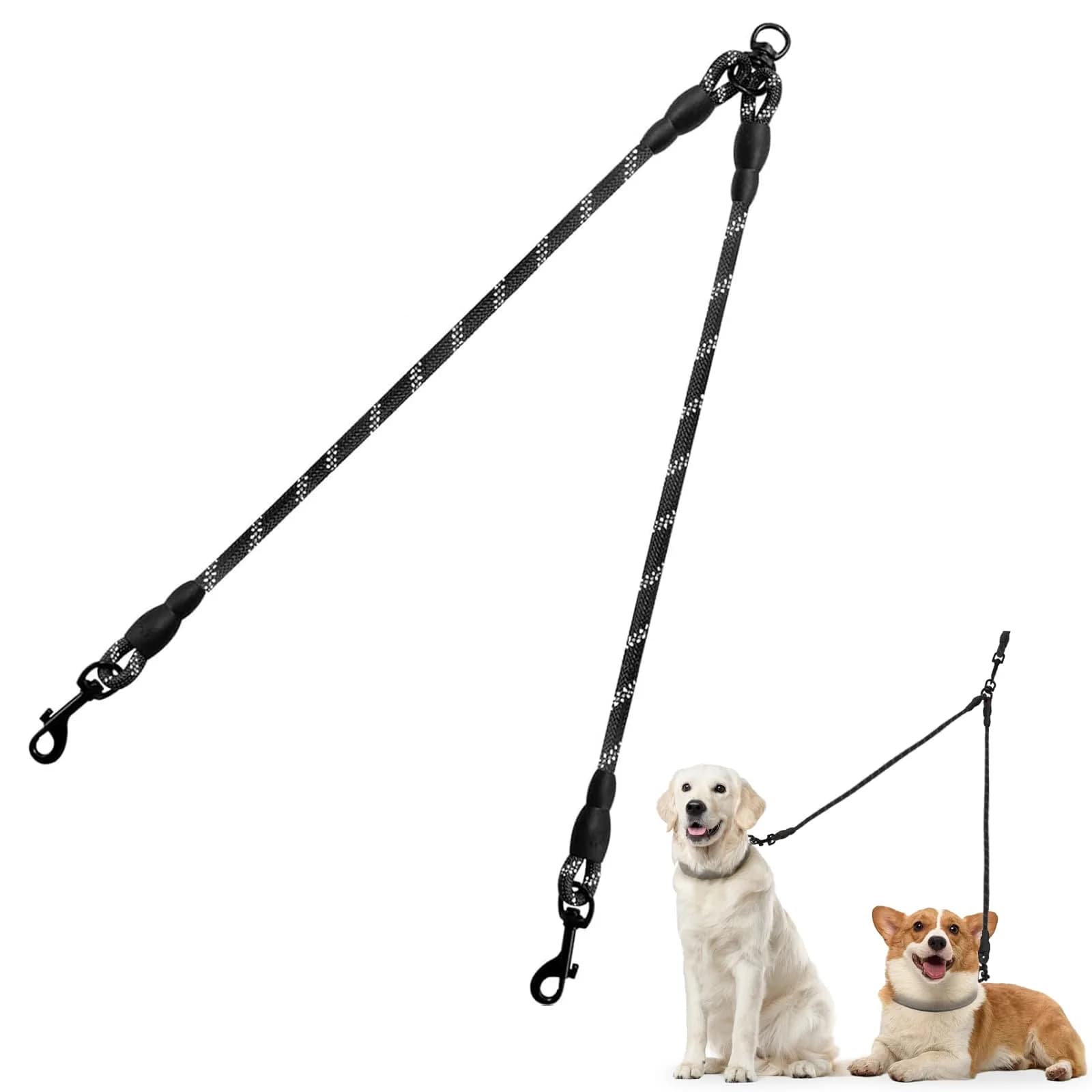 Taglory 30 Inch Black Double Dog Leash Coupler for Small & Medium Dogs | Tangle-Free 360° Swivel Dual Leash Extension — Black