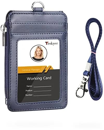 Teskyer Leather ID Badge Holder with Lanyard, Blue | 4 Card Slots, Zipper Closure, Premium PU Leather thumbnail 1