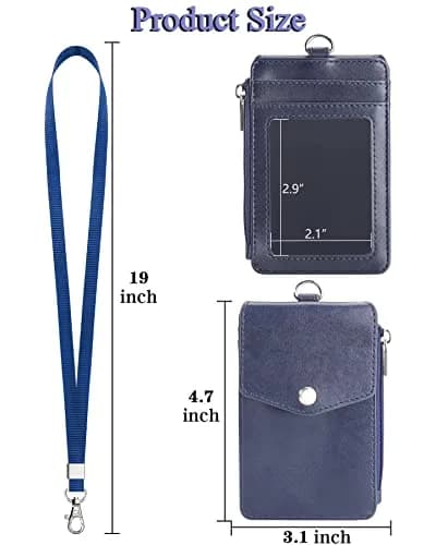 Teskyer Leather ID Badge Holder with Lanyard, Blue | 4 Card Slots, Zipper Closure, Premium PU Leather thumbnail 7