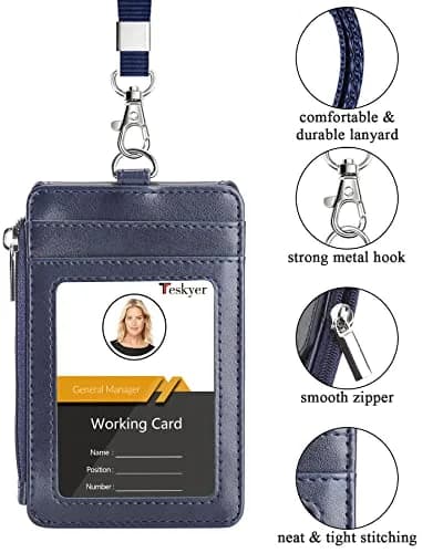 Teskyer Leather ID Badge Holder with Lanyard, Blue | 4 Card Slots, Zipper Closure, Premium PU Leather thumbnail 3