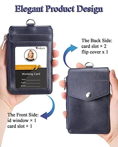 Teskyer Leather ID Badge Holder with Lanyard, Blue | 4 Card Slots, Zipper Closure, Premium PU Leather thumbnail 4