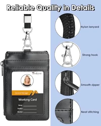 Teskyer Leather ID Badge Holder with Lanyard, Cyan | 4 Card Slots, Zipper Pocket, Premium Leather thumbnail 5