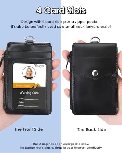 Teskyer Leather ID Badge Holder with Lanyard, Cyan | 4 Card Slots, Zipper Pocket, Premium Leather thumbnail 2