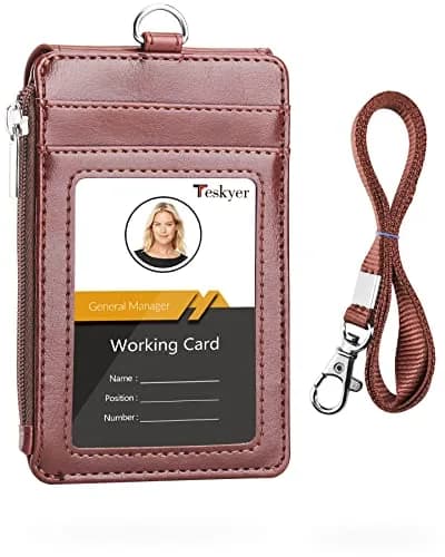 Teskyer Leather ID Badge Holder with Lanyard, Brown | Multiple Card Slots & Zip Pocket thumbnail 1