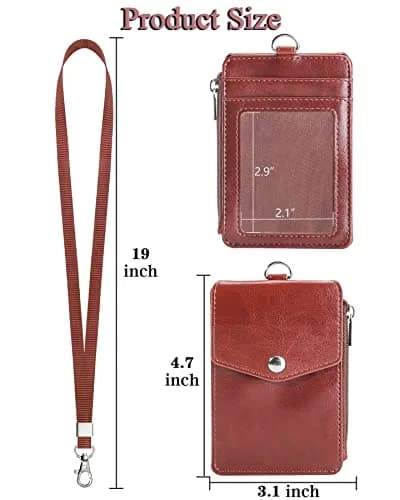 Teskyer Leather ID Badge Holder with Lanyard, Brown | Multiple Card Slots & Zip Pocket thumbnail 7