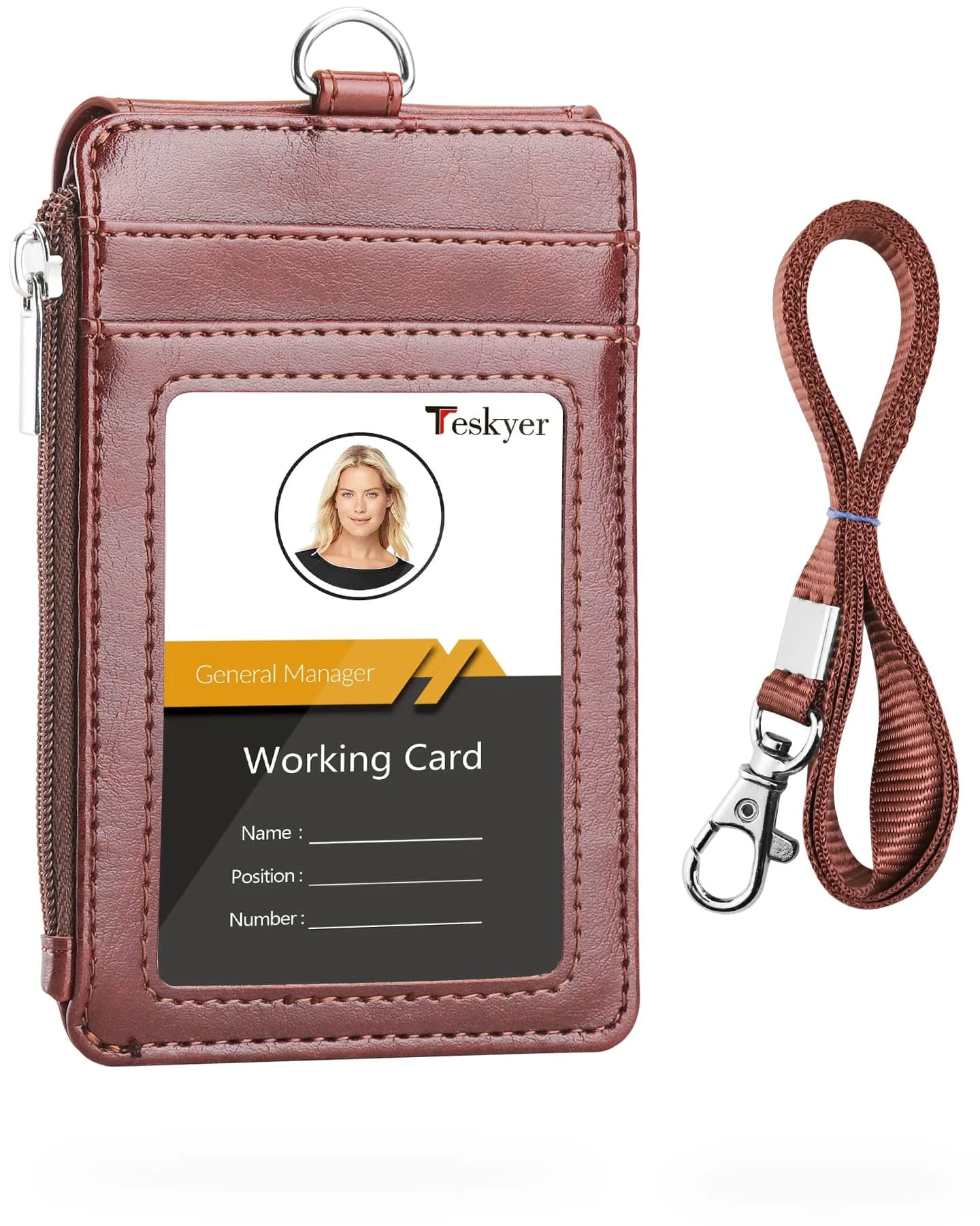 Teskyer Black PU Leather ID Badge Holder with Lanyard & Zipper Pocket | 4 Card Slots, 1 Clear ID Window — Brown