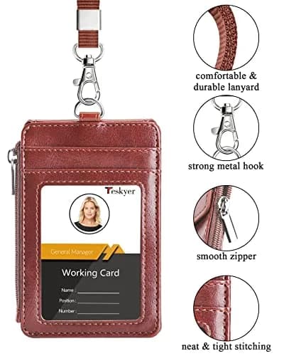 Teskyer Leather ID Badge Holder with Lanyard, Brown | Multiple Card Slots & Zip Pocket thumbnail 3