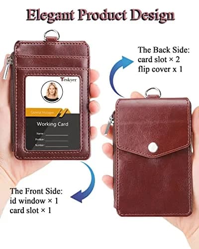 Teskyer Leather ID Badge Holder with Lanyard, Brown | Multiple Card Slots & Zip Pocket thumbnail 4