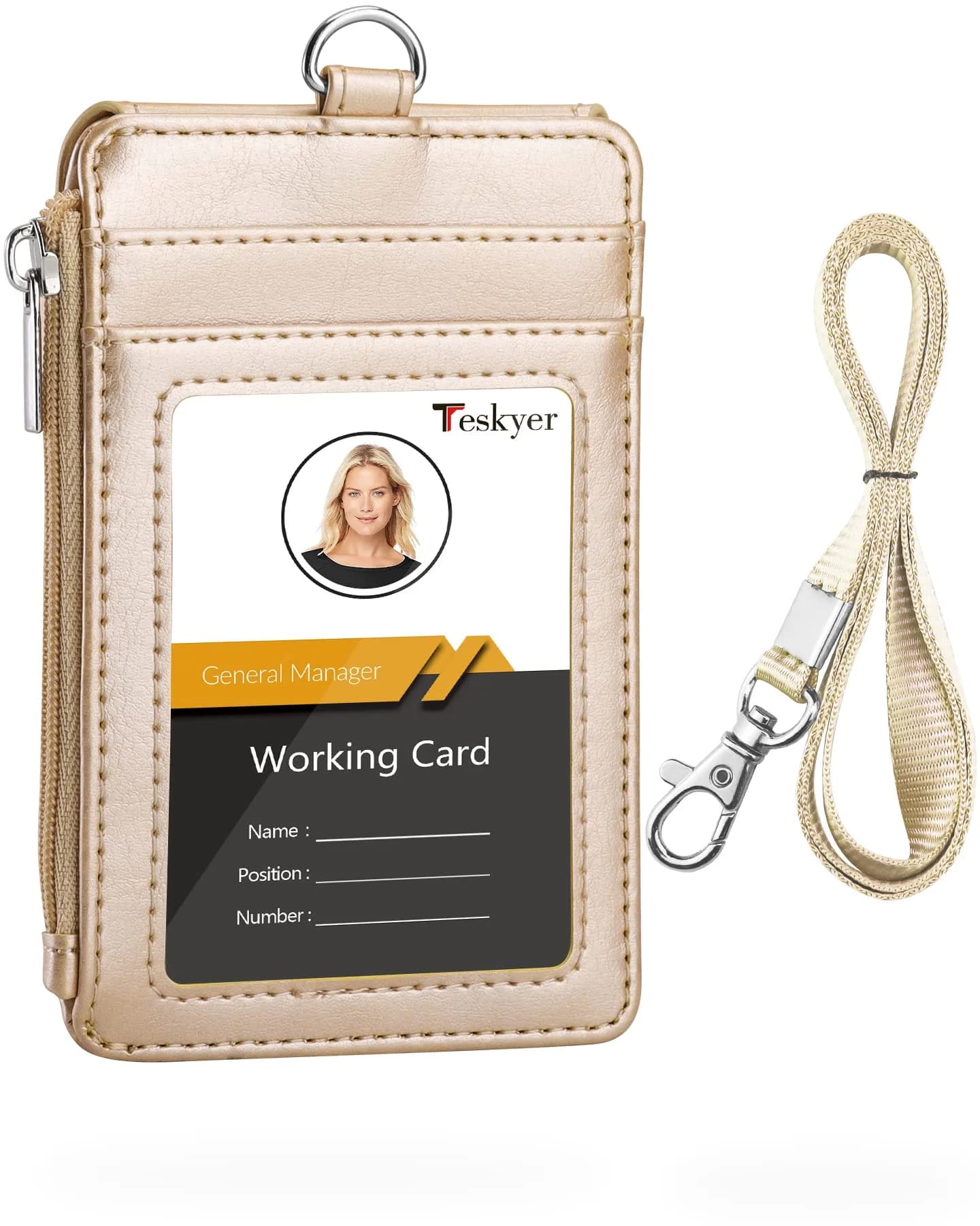 Teskyer Leather ID Badge Holder with Lanyard, Gold | Wallet & Badge Organizer for Professionals