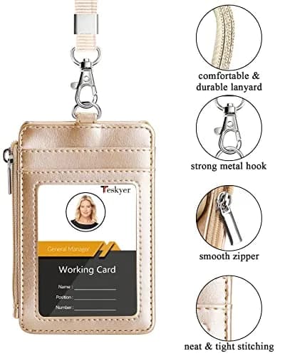 Teskyer Leather ID Badge Holder with Lanyard, Gold | Wallet & Badge Organizer for Professionals thumbnail 3