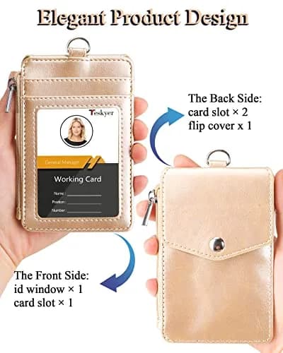 Teskyer Leather ID Badge Holder with Lanyard, Gold | Wallet & Badge Organizer for Professionals thumbnail 4