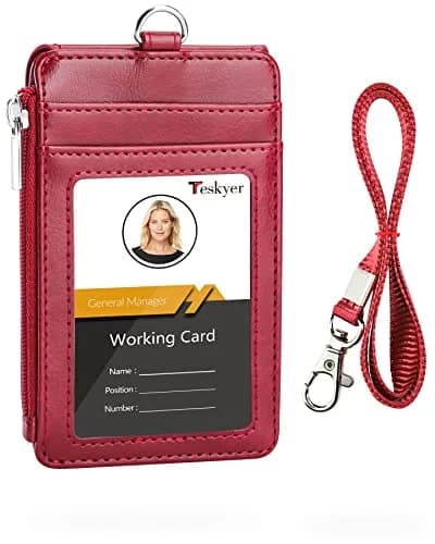 Teskyer Leather ID Badge Holder with Lanyard, Lanyard Wallet, Wine Red | Durable Leather Badge Wallet with 4 Card Slots & Zipper thumbnail 1