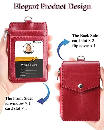 Teskyer Leather ID Badge Holder with Lanyard, Lanyard Wallet, Wine Red | Durable Leather Badge Wallet with 4 Card Slots & Zipper thumbnail 6