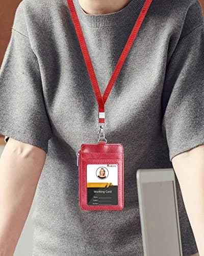 Teskyer Leather ID Badge Holder with Lanyard, Lanyard Wallet, Wine Red | Durable Leather Badge Wallet with 4 Card Slots & Zipper thumbnail 2