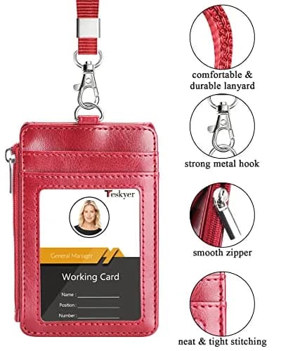 Teskyer Leather ID Badge Holder with Lanyard, Lanyard Wallet, Wine Red | Durable Leather Badge Wallet with 4 Card Slots & Zipper thumbnail 3