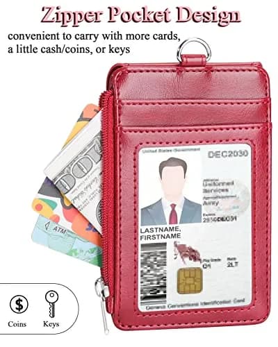 Teskyer Leather ID Badge Holder with Lanyard, Lanyard Wallet, Wine Red | Durable Leather Badge Wallet with 4 Card Slots & Zipper thumbnail 4