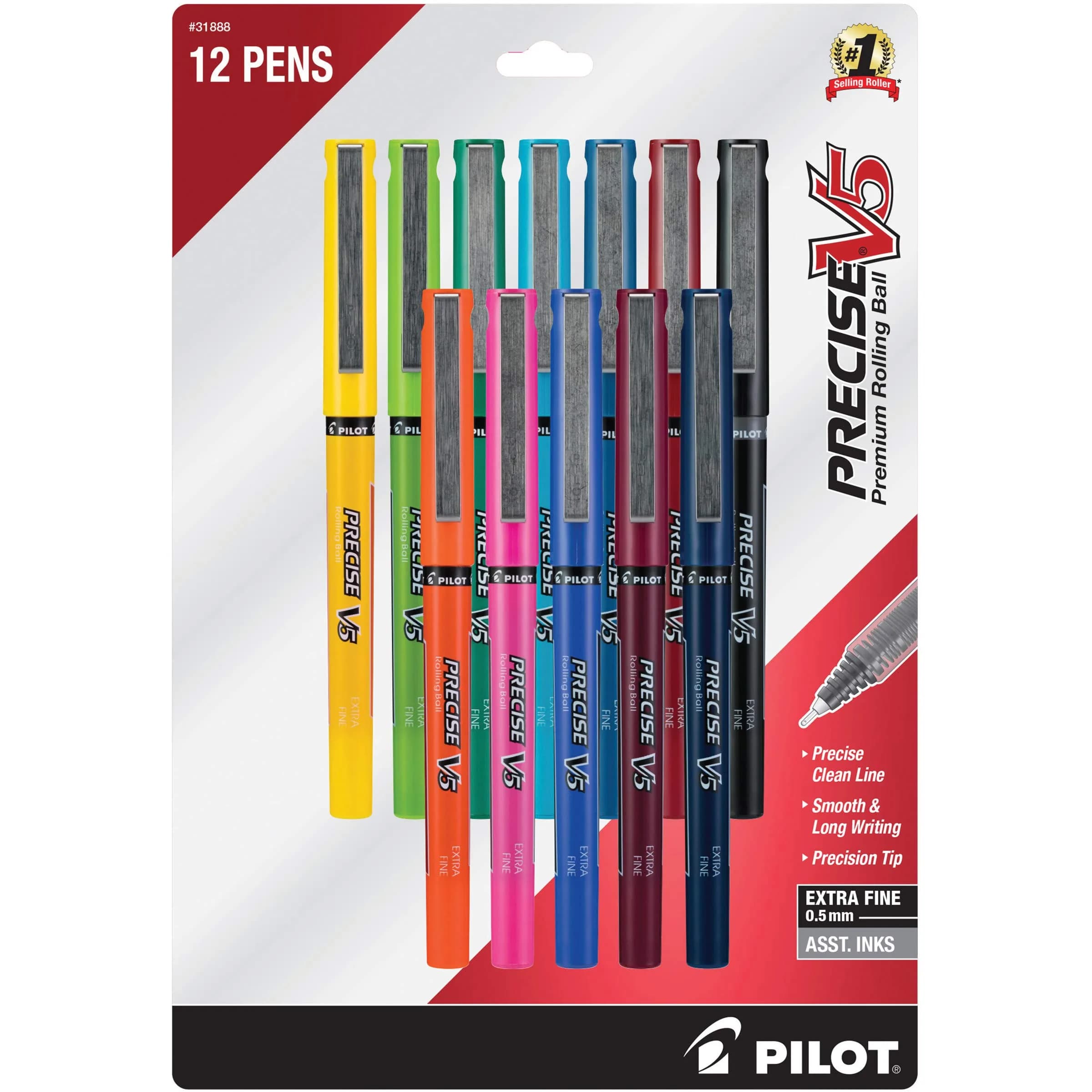 PILOT Precise V5 Stick Pens, Extra Fine Point 0.5mm, Assorted Inks, 12-Pack | Smooth Writing Liquid Ink Rollerball Pens