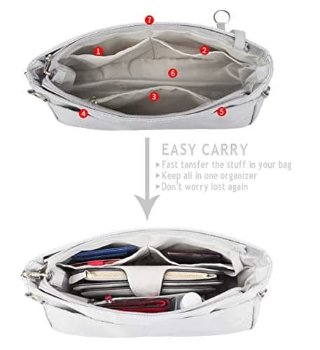 Vercord Expandable Nylon Handbag Purse Organizer Insert Liner Shaper Bag in Bag - Beige Grey, Large thumbnail 3