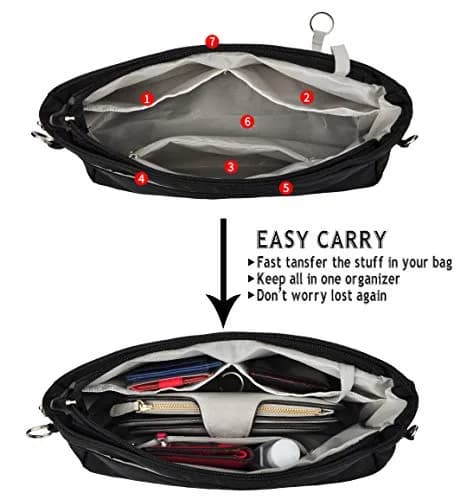 Vercord Expandable Nylon Handbag Purse Organizer Insert Liner Shaper Bag in Bag Black X-Large | Waterproof & Zippered Compartments thumbnail 3