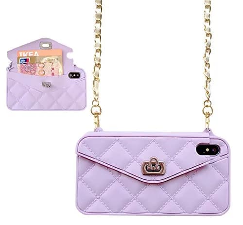 UnnFiko Wallet Case for iPhone X/XS, Purple Luxury Bag Design with Shoulder Strap | Card Pouch Flip Cover thumbnail 1